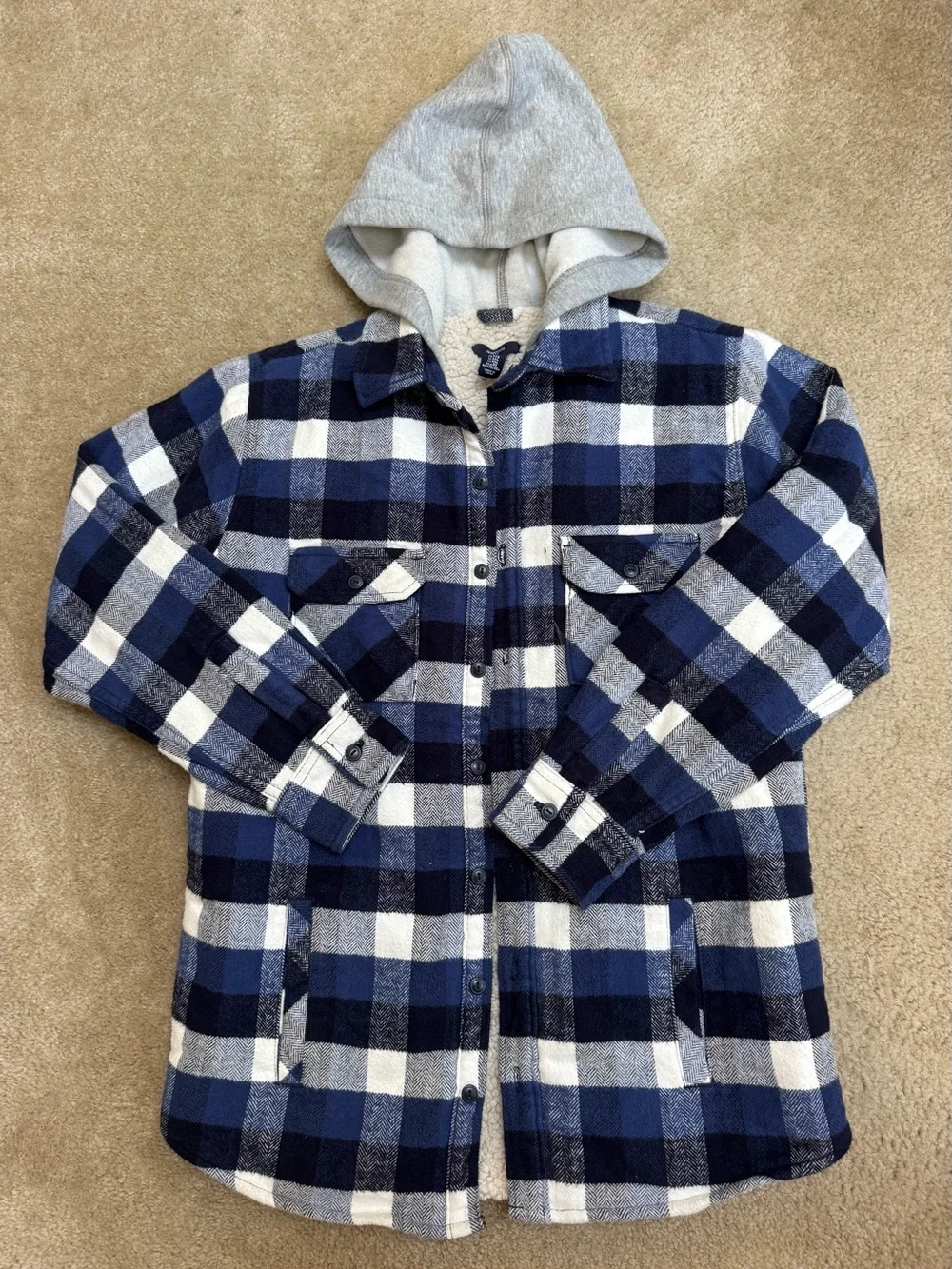 GAP Sz XXL (13/14) Unisex Blue, Navy & White Plaid Hooded Shirt Jacket
